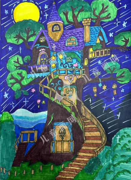 夜空下的树屋